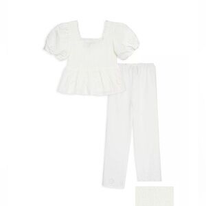 Aqua Girls Eyelet smocked puff sleeve top and wide leg eyelet pants in White